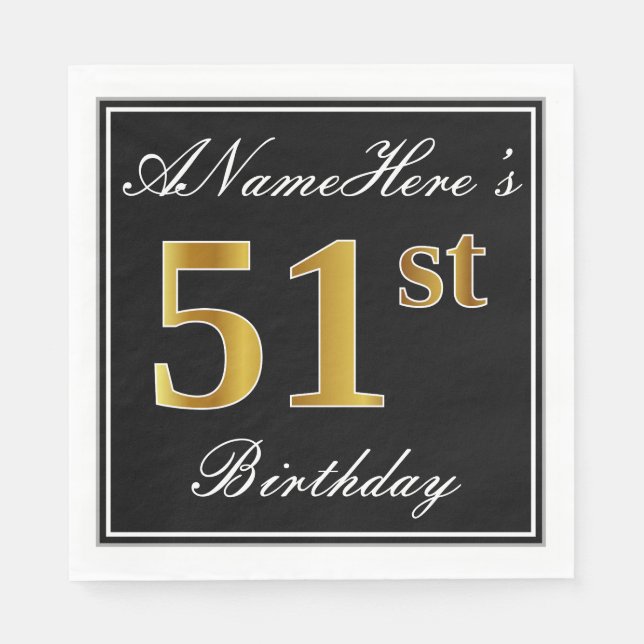 Serviette En Papier Elégant, Faux Gold 51ème Anniversaire + Nom person (Devant)