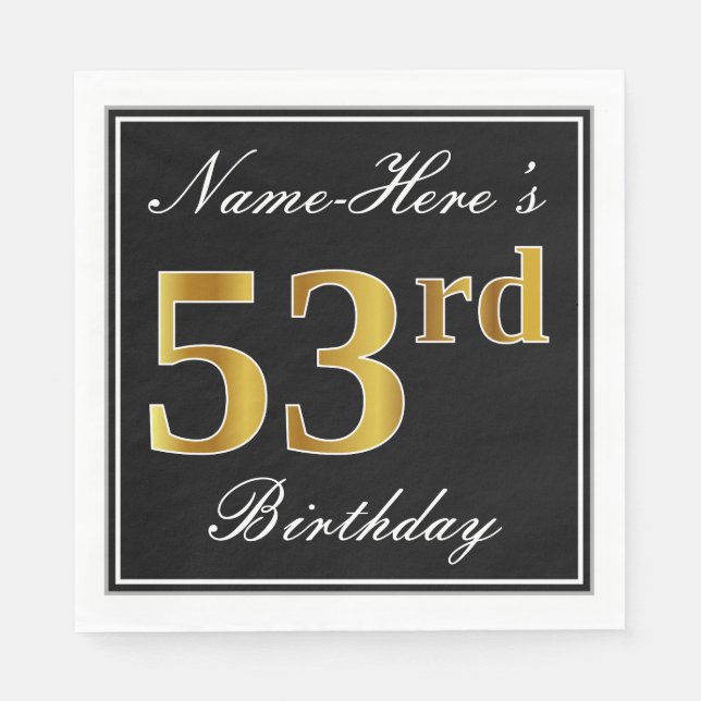 Serviette En Papier Elégant, Faux Gold 53ème anniversaire + Nom person (Devant)