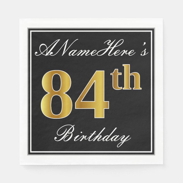 Serviette En Papier Elégant, Faux Gold 84e anniversaire + Nom personna (Devant)