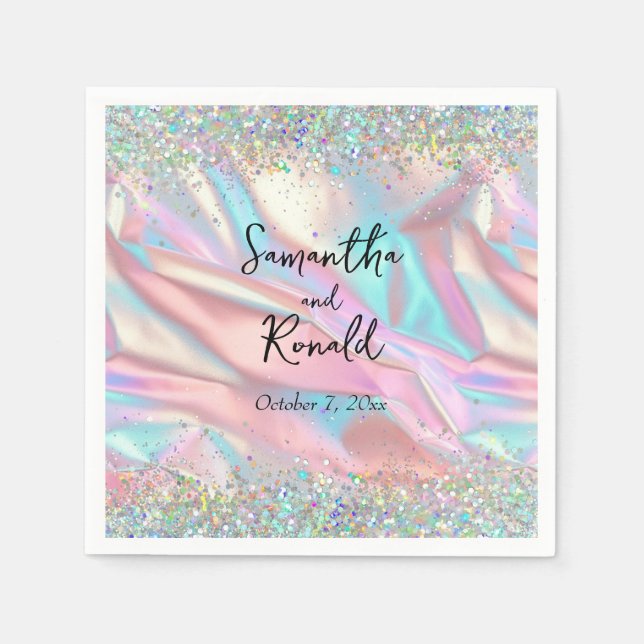 Serviette En Papier Elégant Faux Iridescente Foil et Mariage de Partie (Devant)