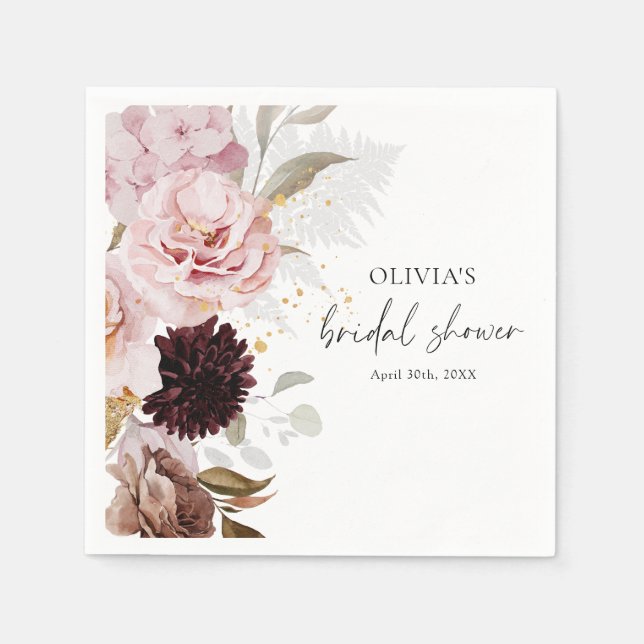 Serviette En Papier Élégant Fête de Mariage Rose Fleurie  (Devant)