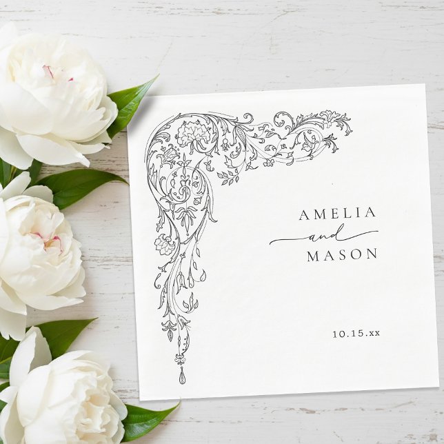 Serviette En Papier Elegant Filigree Black and White Paper Wedding (Elegant Filigree Black and White Paper Wedding Napkins)
