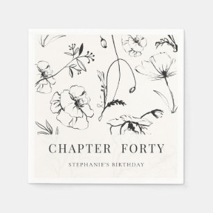 Serviette En Papier Élégant Fleur Noir Blanc 40e Anniversaire