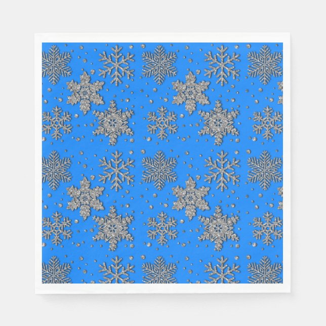 Serviette En Papier Élégant flocons d'argent bleu (Devant)