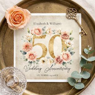 Serviette En Papier Élégant floral aquarelle pour 50e anniversaire de