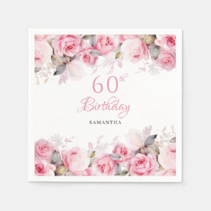 Serviette En Papier Élégant floral rose aquarelle 60ème anniversaire