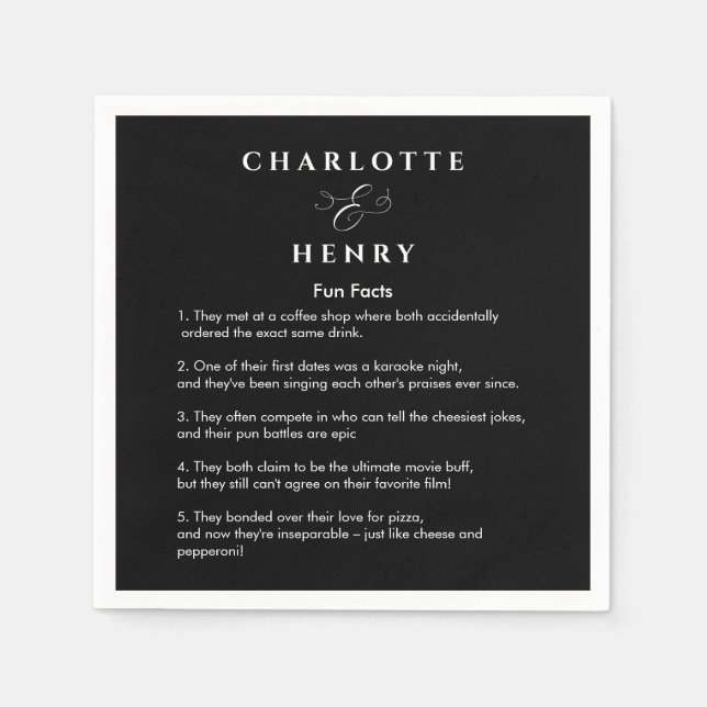 Serviette En Papier Élégant Fun Facts Mariage noir & blanc (Devant)