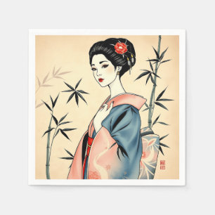 Serviette En Papier Elegant Geisha avec bambou et Motifs d'encre