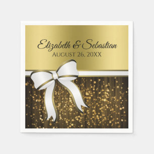 Serviette En Papier Élégant Glam White Ribbon & Gold Sparkles Mariage