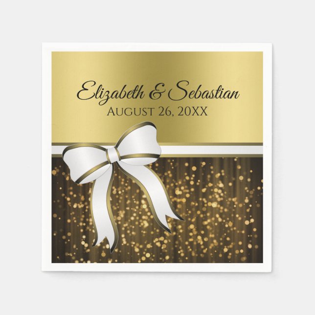 Serviette En Papier Élégant Glam White Ribbon & Gold Sparkles Mariage (Devant)
