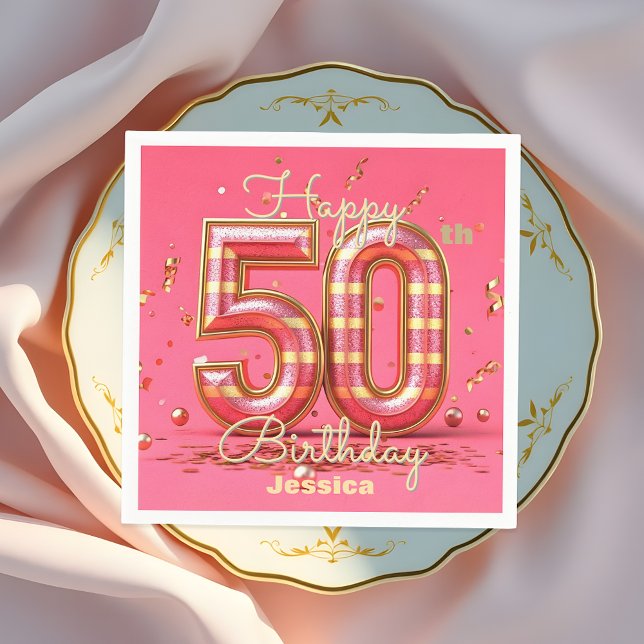 Serviette En Papier Elégant Glitzy rayé rose & or 50e anniversaire (Créateur téléchargé)