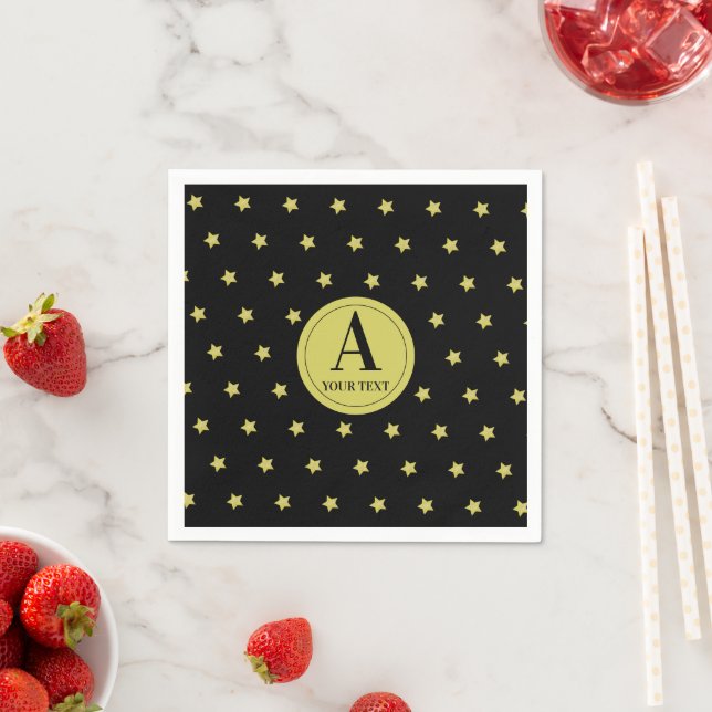 Serviette En Papier Elegant Gold & Black Star Pattern Monogram (En situation)