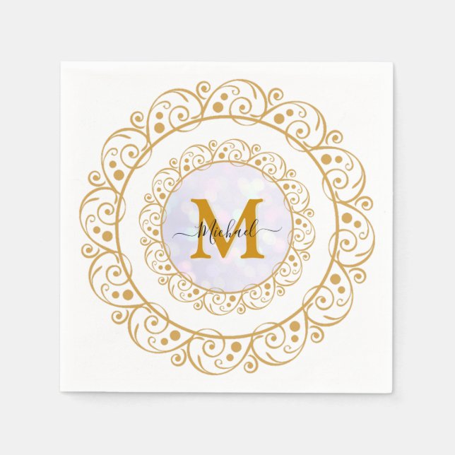 Serviette En Papier Elegant Gold Glitter Initial & Name (Devant)