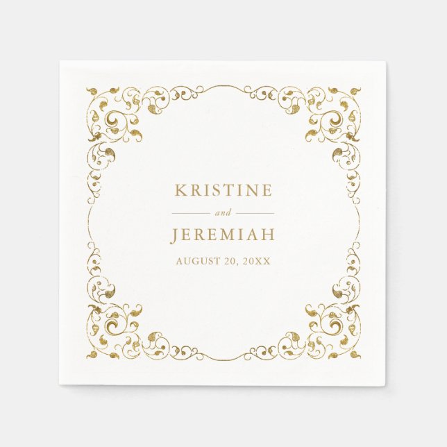 Serviette En Papier Elégant Gold Leaf Classic Nom Mariage (Devant)