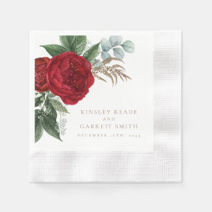 Serviette En Papier Élégant Gold Script Mariage Floral rouge