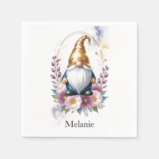Serviette En Papier Elegant Golden Gnome in Floral Bouquet