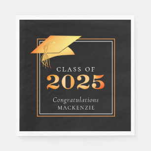 Serviette En Papier Élégant Graduation 2025 Faux Metallic Orange Noir