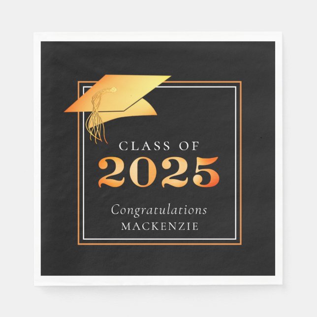 Serviette En Papier Élégant Graduation 2025 Faux Metallic Orange Noir (Devant)