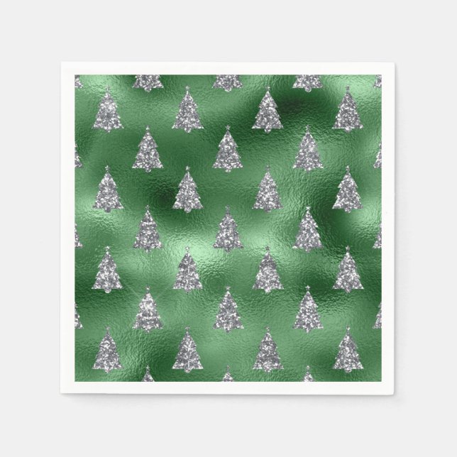Serviette En Papier Elegant Green & Faux Silver Trees Christmas  (Devant)