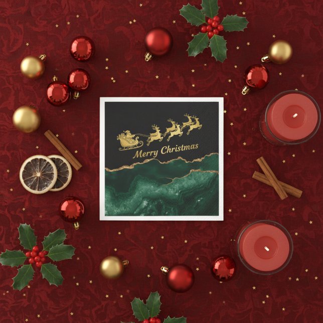Serviette En Papier Elegant Green Gold Santa Sleigh Merry Christmas (Créateur téléchargé)