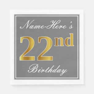 Serviette En Papier Elégant Grey, Faux Gold 22e anniversaire; Nom pers