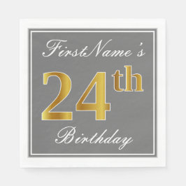 Serviette En Papier Elégant Grey, Faux Gold 24e anniversaire; Nom pers