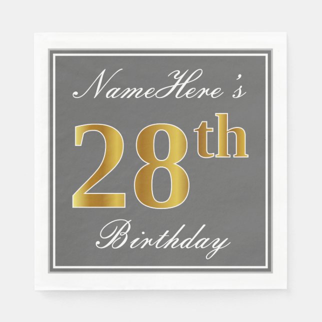 Serviette En Papier Elégant Grey, Faux Gold 28e anniversaire; Nom pers (Devant)