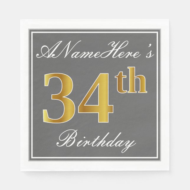 Serviette En Papier Elégant Grey, Faux Gold 34e anniversaire; Nom pers (Devant)