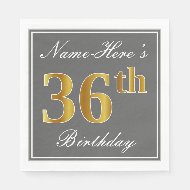 Serviette En Papier Elégant Grey, Faux Gold 36e anniversaire; Nom pers (Devant)