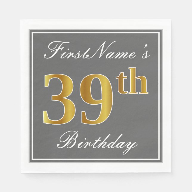 Serviette En Papier Elégant Grey, Faux Gold 39e anniversaire; Nom pers (Devant)