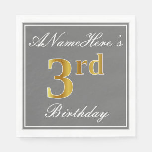 Serviette En Papier Elégant Grey, Faux Gold 3e anniversaire + Nom pers