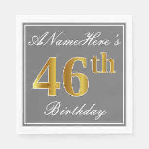 Serviette En Papier Elégant Grey, Faux Gold 46e anniversaire; Nom pers
