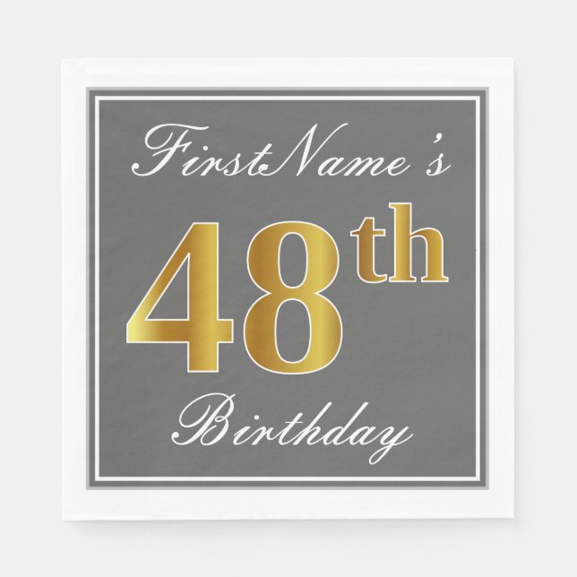 Serviette En Papier Elégant Grey, Faux Gold 48e anniversaire; Nom pers (Devant)