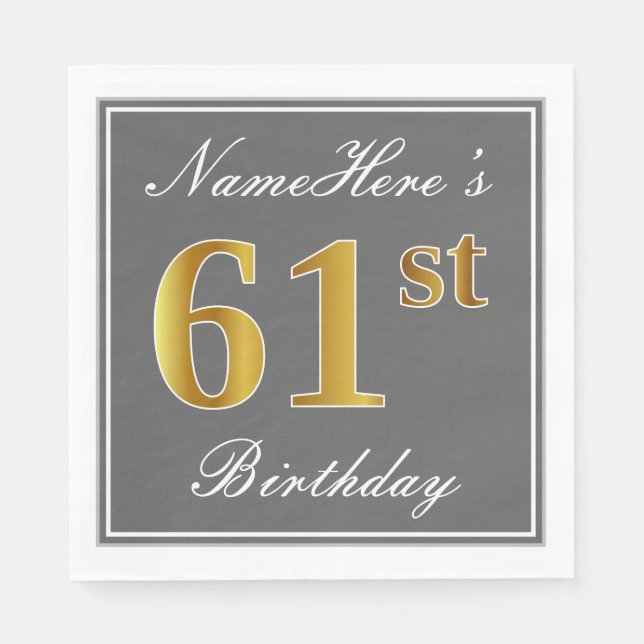 Serviette En Papier Elégant Grey, Faux Gold 61e anniversaire; Nom pers (Devant)