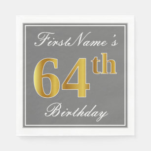 Serviette En Papier Elégant Grey, Faux Gold 64e anniversaire; Nom pers