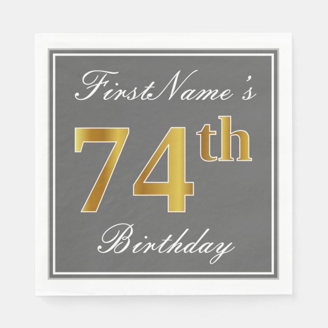 Serviette En Papier Elégant Grey, Faux Gold 74e anniversaire; Nom pers (Devant)