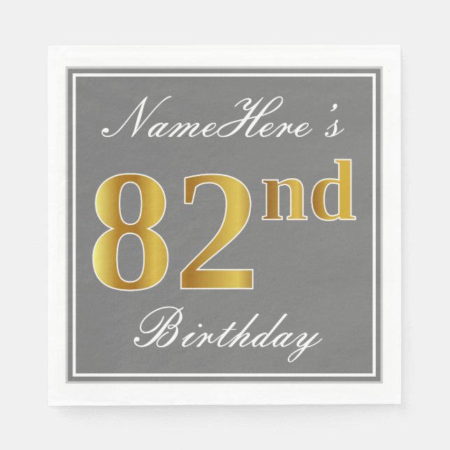 Serviette En Papier Elégant Grey, Faux Gold 82e anniversaire; Nom pers (Devant)