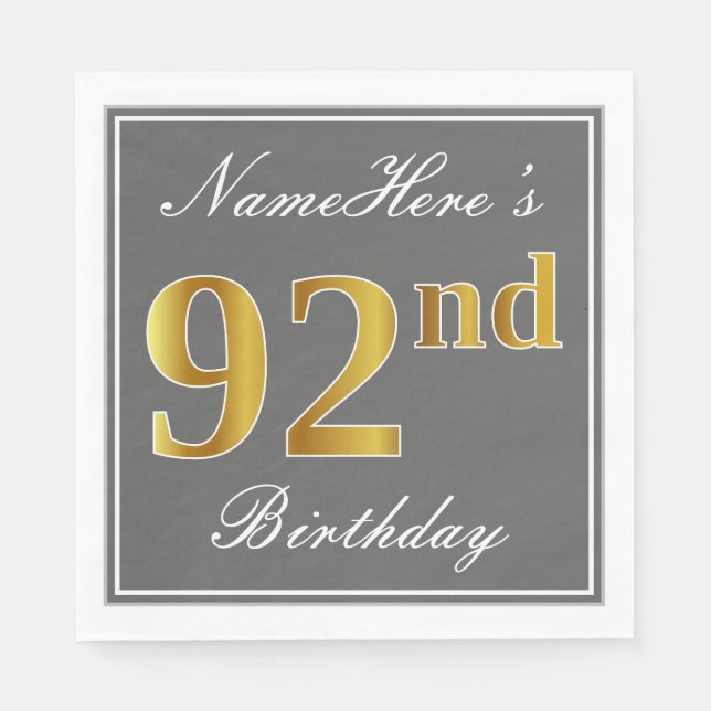 Serviette En Papier Elégant Grey, Faux Gold 92e anniversaire; Nom pers (Devant)