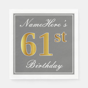 Serviette En Papier Elégant gris, Faux Gold 61e anniversaire ; Nom pe