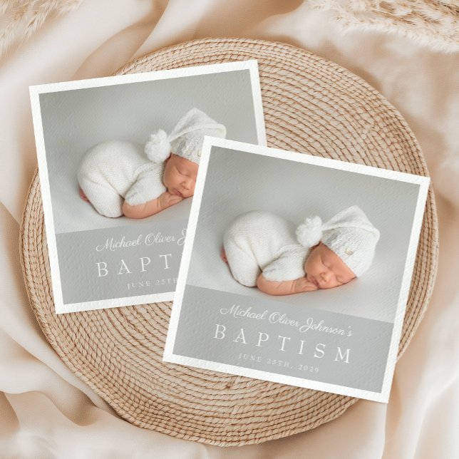 Serviette En Papier Élégant Gris Script Photo Baptême (Elegant Gray Script Photo Baptism Napkins)