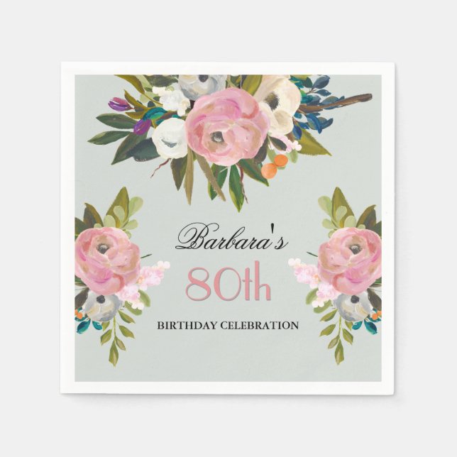 Serviette En Papier Elegant Handpainted Floral 80th Birthday Party  (Devant)