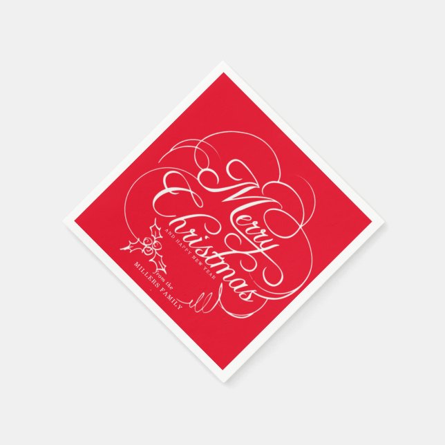 Serviette En Papier Élégant Holly Joyeux Noël Rouge (Coin)