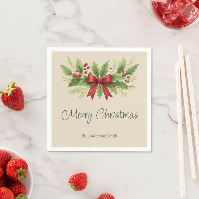 Serviette En Papier Elegant Holly & Red Bow Noël - (En situation)