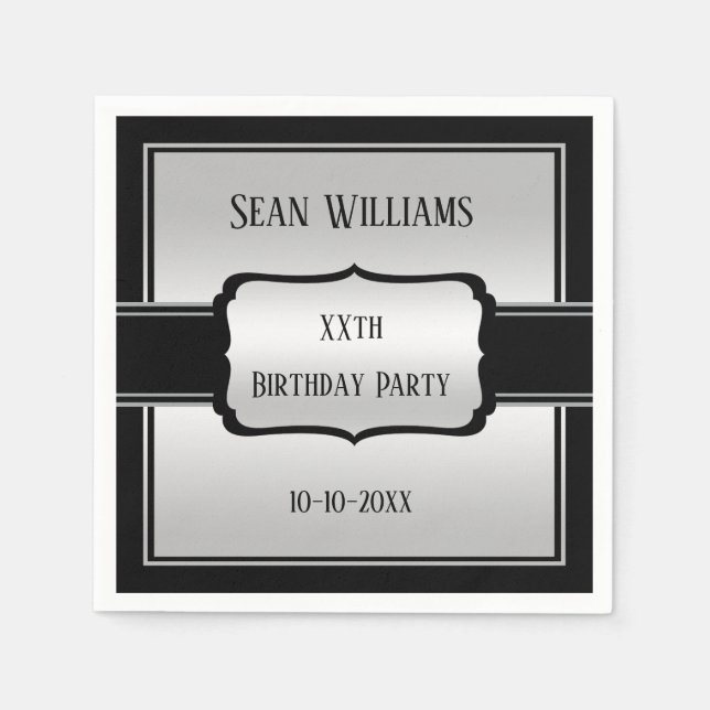 Serviette En Papier Elégant homme's Silver & Black Anniversaire (Devant)