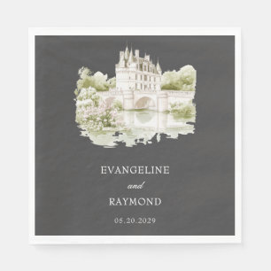 Serviette En Papier Élégant Jardin de Manoir à l'Aquarelle Mariage Gri