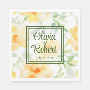 Serviette En Papier Elégant jaune pêche orange aquarelle fleurie