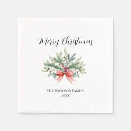 Serviette En Papier Elégant Joyeux Noël Famille Aquarelle Verdure