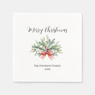 Serviette En Papier Elégant Joyeux Noël Famille Aquarelle Verdure