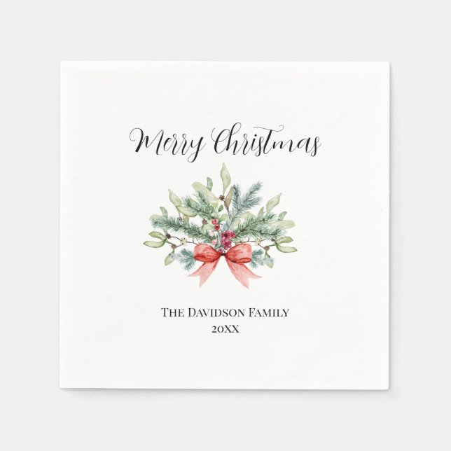 Serviette En Papier Elégant Joyeux Noël Famille Aquarelle Verdure (Devant)