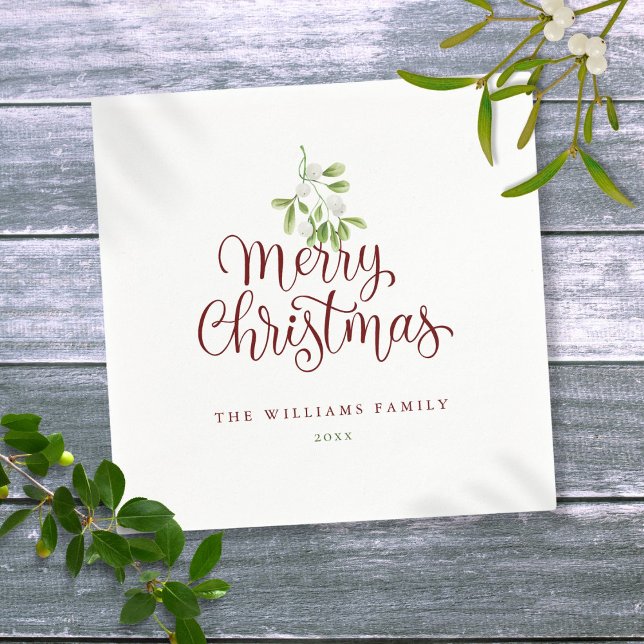 Serviette En Papier Élégant Joyeux Noël Gui Fête de fin d'année (Elegant Script Merry Christmas Mistletoe Holiday Napkins)